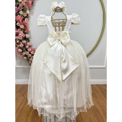 Vestido Infantil Marfim Longo de Princesa Brilhante e Mangas