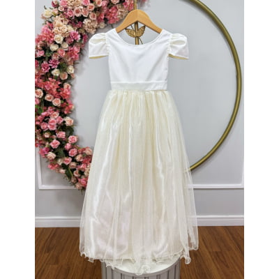 Vestido Infantil Marfim Longo de Princesa Brilhante e Mangas