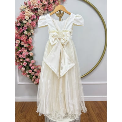 Vestido Infantil Marfim Longo de Princesa Brilhante e Mangas