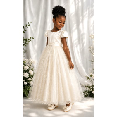 Vestido Infantil Marfim Longo de Princesa Brilhante e Mangas