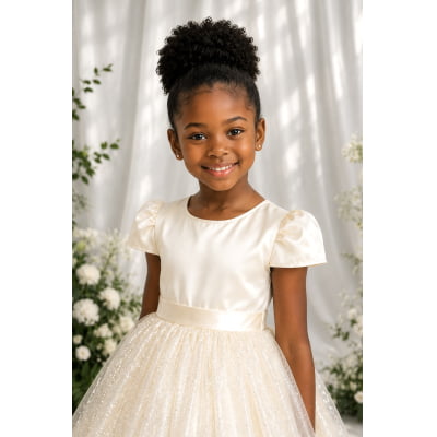 Vestido Infantil Marfim Longo de Princesa Brilhante e Mangas