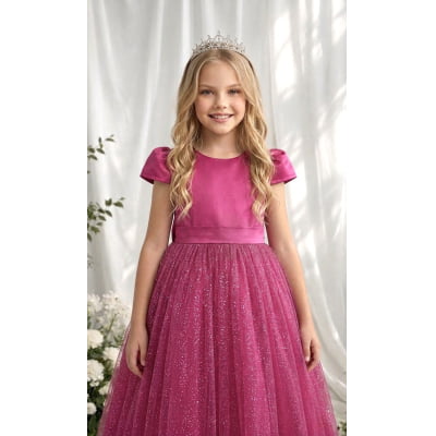 Vestido Infantil Pink Longo de Princesa Brilhante e Mangas Vestido Infantil Pink Longo de Princesa Brilhante e Mangas