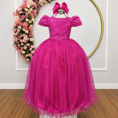 Vestido Infantil Pink Longo de Princesa Brilhante e Mangas