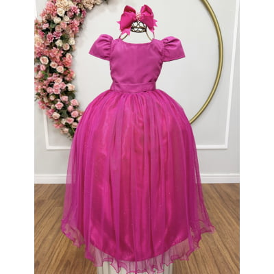 Vestido Infantil Pink Longo de Princesa Brilhante e Mangas
