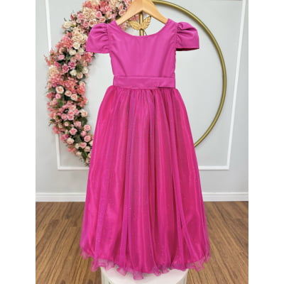 Vestido Infantil Pink Longo de Princesa Brilhante e Mangas