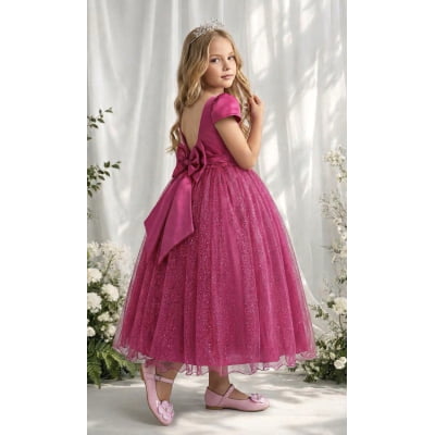 Vestido Infantil Pink Longo de Princesa Brilhante e Mangas