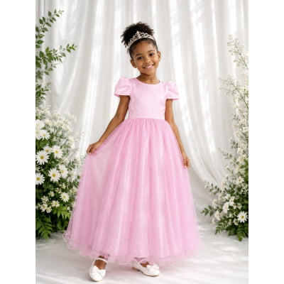 Vestido Infantil Rosa Longo de Princesa Brilhante e Mangas Vestido Infantil Rosa Longo de Princesa Brilhante e Mangas
