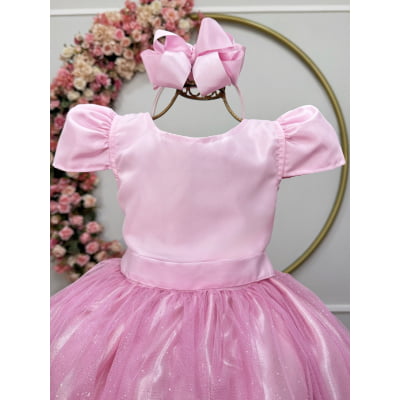 Vestido Infantil Rosa Longo de Princesa Brilhante e Mangas