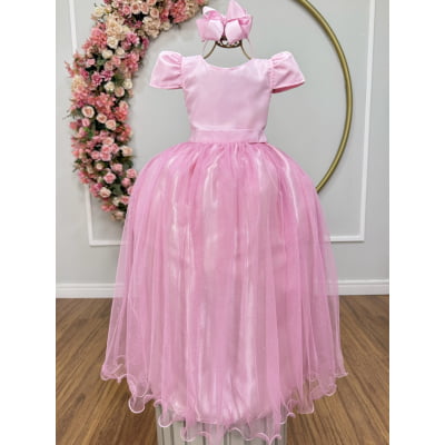 Vestido Infantil Rosa Longo de Princesa Brilhante e Mangas