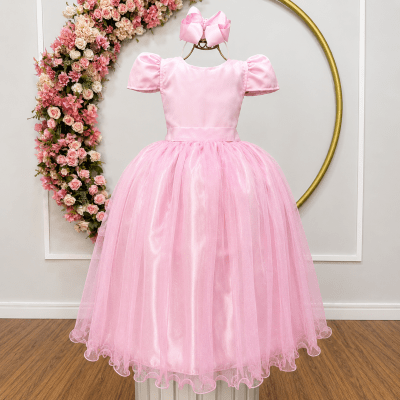 Vestido Infantil Rosa Longo de Princesa Brilhante e Mangas