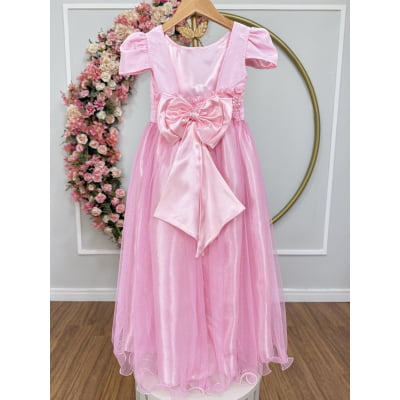 Vestido Infantil Rosa Longo de Princesa Brilhante e Mangas