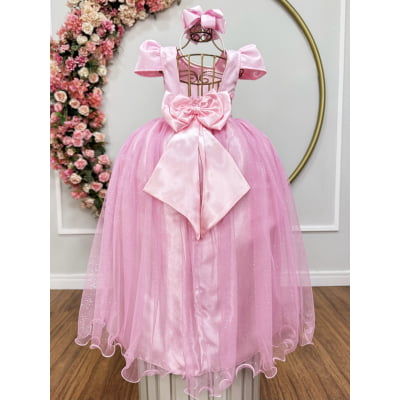 Vestido Infantil Rosa Longo de Princesa Brilhante e Mangas