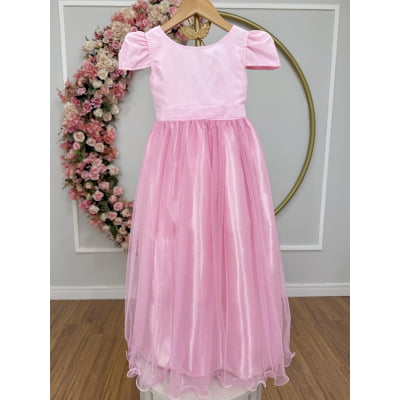 Vestido Infantil Rosa Longo de Princesa Brilhante e Mangas