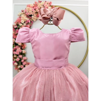 Vestido Infantil Rose Longo daminha Tule Glitter e Mangas