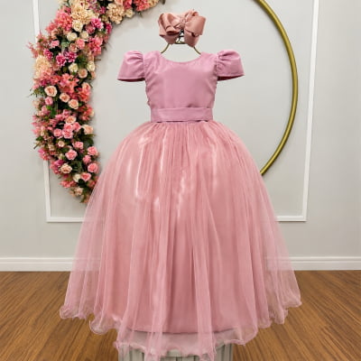Vestido Infantil Rose Longo daminha Tule Glitter e Mangas