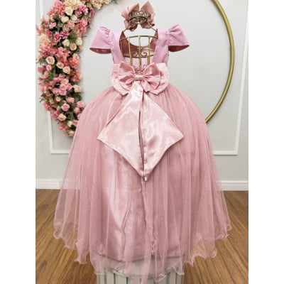 Vestido Infantil Rose Longo daminha Tule Glitter e Mangas