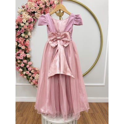 Vestido Infantil Rose Longo daminha Tule Glitter e Mangas
