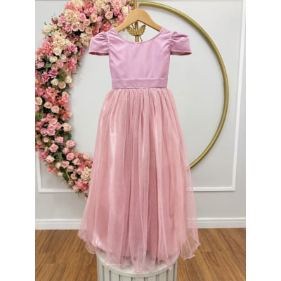 Vestido Infantil Rose Longo daminha Tule Glitter e Mangas