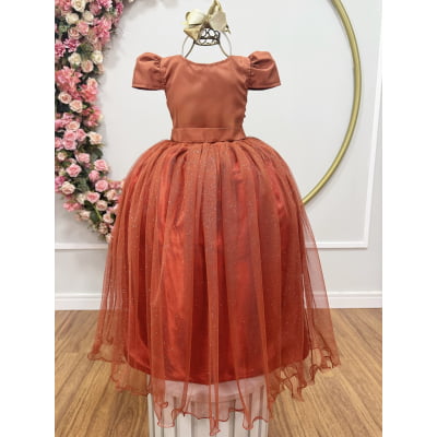 Vestido Infantil Terracota Longo de Princesa Brilhante e Mangas