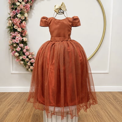 Vestido Infantil Terracota Longo de Princesa Brilhante e Mangas
