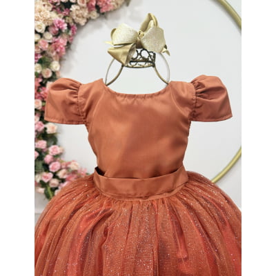 Vestido Infantil Terracota Longo de Princesa Brilhante e Mangas
