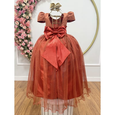 Vestido Infantil Terracota Longo de Princesa Brilhante e Mangas