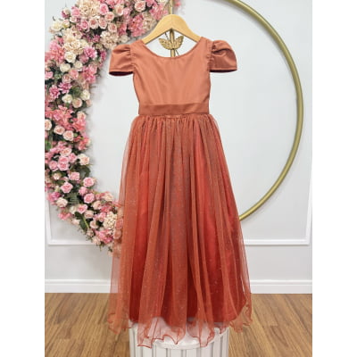 Vestido Infantil Terracota Longo de Princesa Brilhante e Mangas