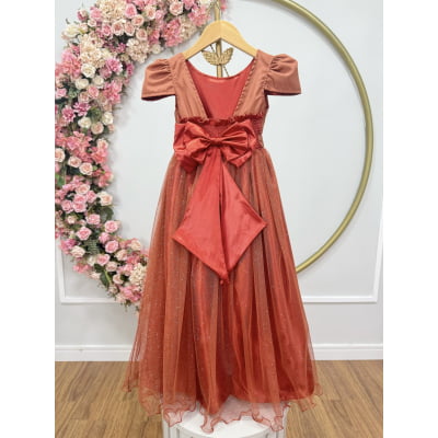 Vestido Infantil Terracota Longo de Princesa Brilhante e Mangas