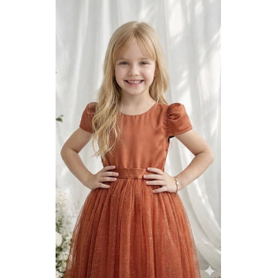 Vestido Infantil Terracota Longo de Princesa Brilhante e Mangas