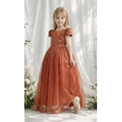 Vestido Infantil Terracota Longo de Princesa Brilhante e Mangas