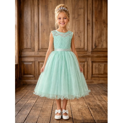 Vestido Infantil Verde Menta Renda e Tule Brilho Damas