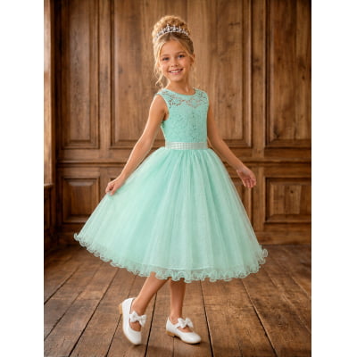 Vestido Infantil Verde Menta Renda e Tule Brilho Damas
