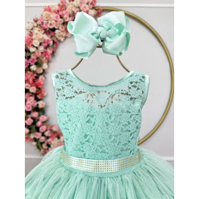 Vestido Infantil Verde Menta Renda e Tule Brilho Damas