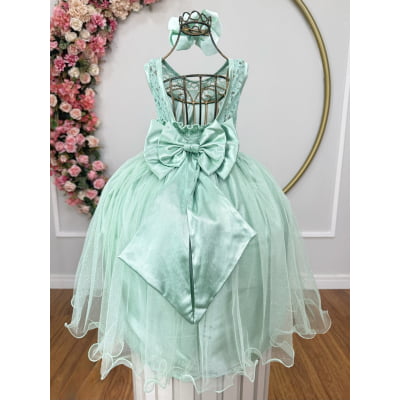 Vestido Infantil Verde Menta Renda e Tule Brilho Damas