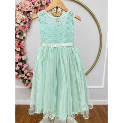 Vestido Infantil Verde Menta Renda e Tule Brilho Damas