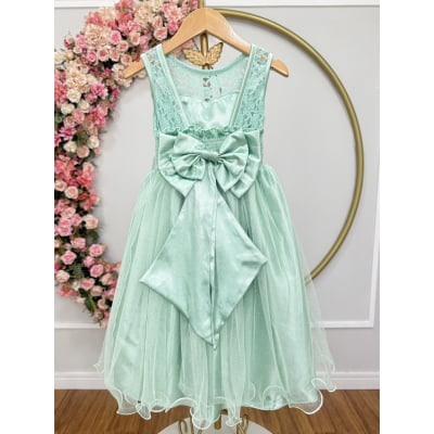 Vestido Infantil Verde Menta Renda e Tule Brilho Damas