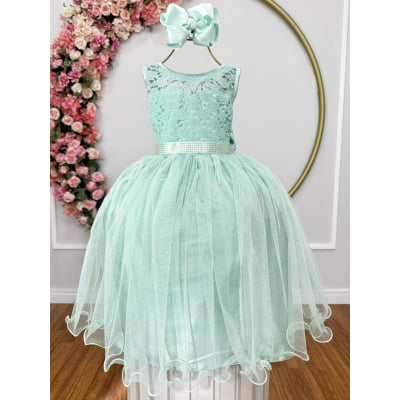 Vestido Infantil Verde Menta Renda e Tule Brilho Damas Vestido Infantil Verde Menta Renda e Tule Brilho Damas