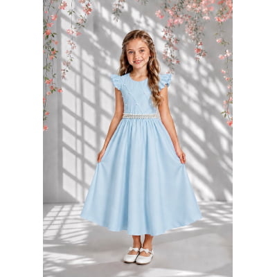Vestido Longo Daminhas, Infantil Azul Claro em Poliéster Busto Nervura Daminhas