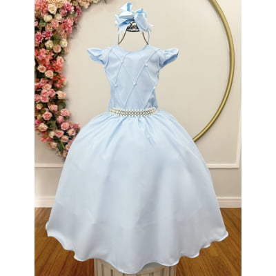 Vestido Longo Daminhas, Infantil Azul Claro em Poliéster Busto Nervura Daminhas