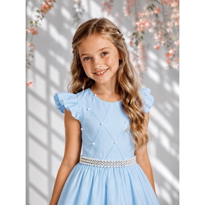 Vestido Longo Daminhas, Infantil Azul Claro em Poliéster Busto Nervura Daminhas