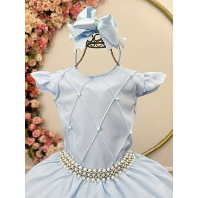 Vestido Longo Daminhas, Infantil Azul Claro em Poliéster Busto Nervura Daminhas