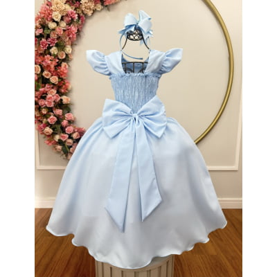 Vestido Longo Daminhas, Infantil Azul Claro em Poliéster Busto Nervura Daminhas