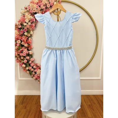 Vestido Longo Daminhas, Infantil Azul Claro em Poliéster Busto Nervura Daminhas