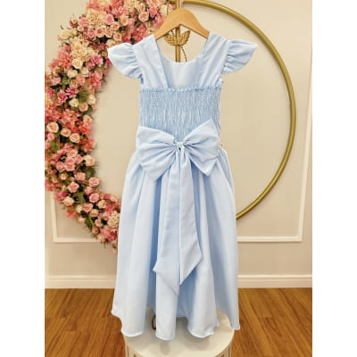 Vestido Longo Daminhas, Infantil Azul Claro em Poliéster Busto Nervura Daminhas