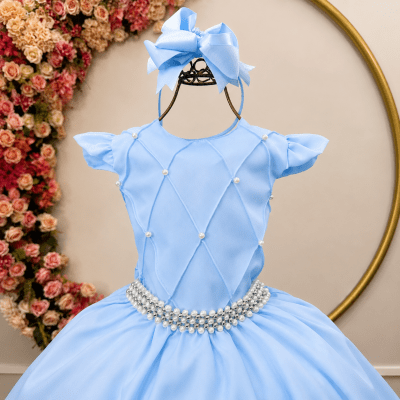 Vestido Longo Daminhas, Infantil Azul Claro em Poliéster Busto Nervura Daminhas