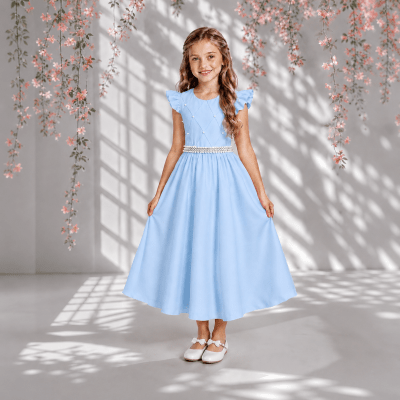 Vestido Longo Daminhas, Infantil Azul Claro em Poliéster Busto Nervura Daminhas