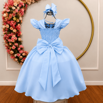 Vestido Longo Daminhas, Infantil Azul Claro em Poliéster Busto Nervura Daminhas
