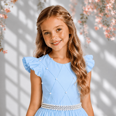 Vestido Longo Daminhas, Infantil Azul Claro em Poliéster Busto Nervura Daminhas
