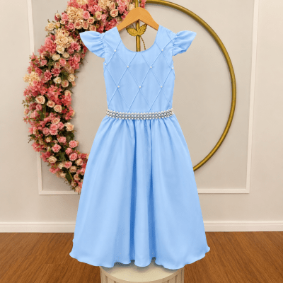 Vestido Longo Daminhas, Infantil Azul Claro em Poliéster Busto Nervura Daminhas