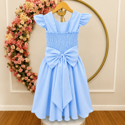 Vestido Longo Daminhas, Infantil Azul Claro em Poliéster Busto Nervura Daminhas